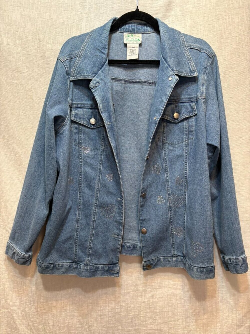 Vintage Quacker Factory Embellished Denim Jacket Sz Large Rhinestone Hearts
